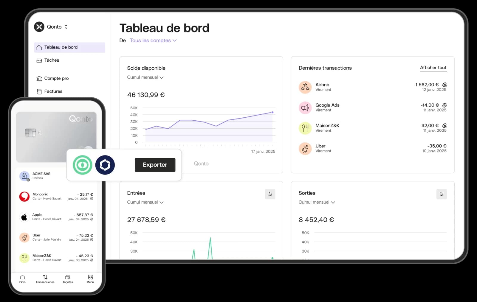 Capture d'écran de l'application Qonto sur un smartphone, tableau de bord d'un compte professionnel