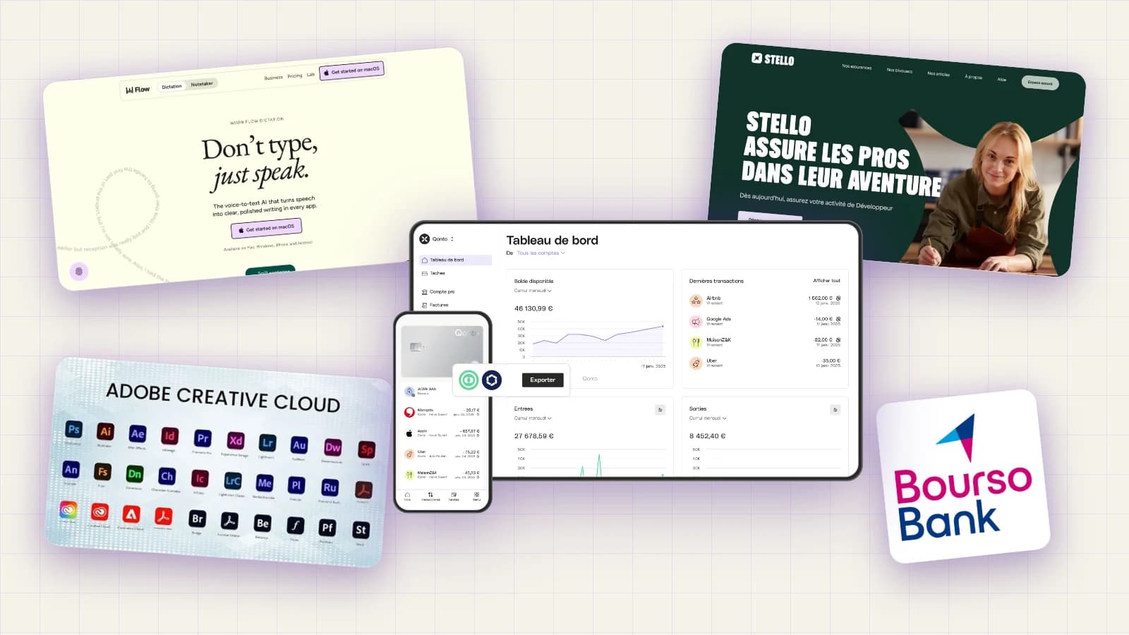 Les outils du monteur vidéo freelance réunis : Wispr Flow, Stello, Adobe Creative Cloud, Qonto et BoursoBank sur fond blanc cassé quadrillé