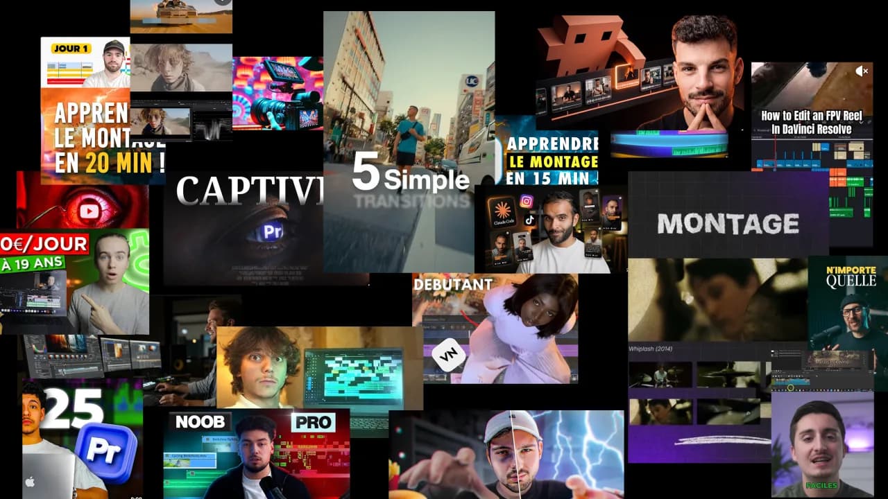 Collage de miniatures de tutoriels de montage vidéo trouvés sur YouTube