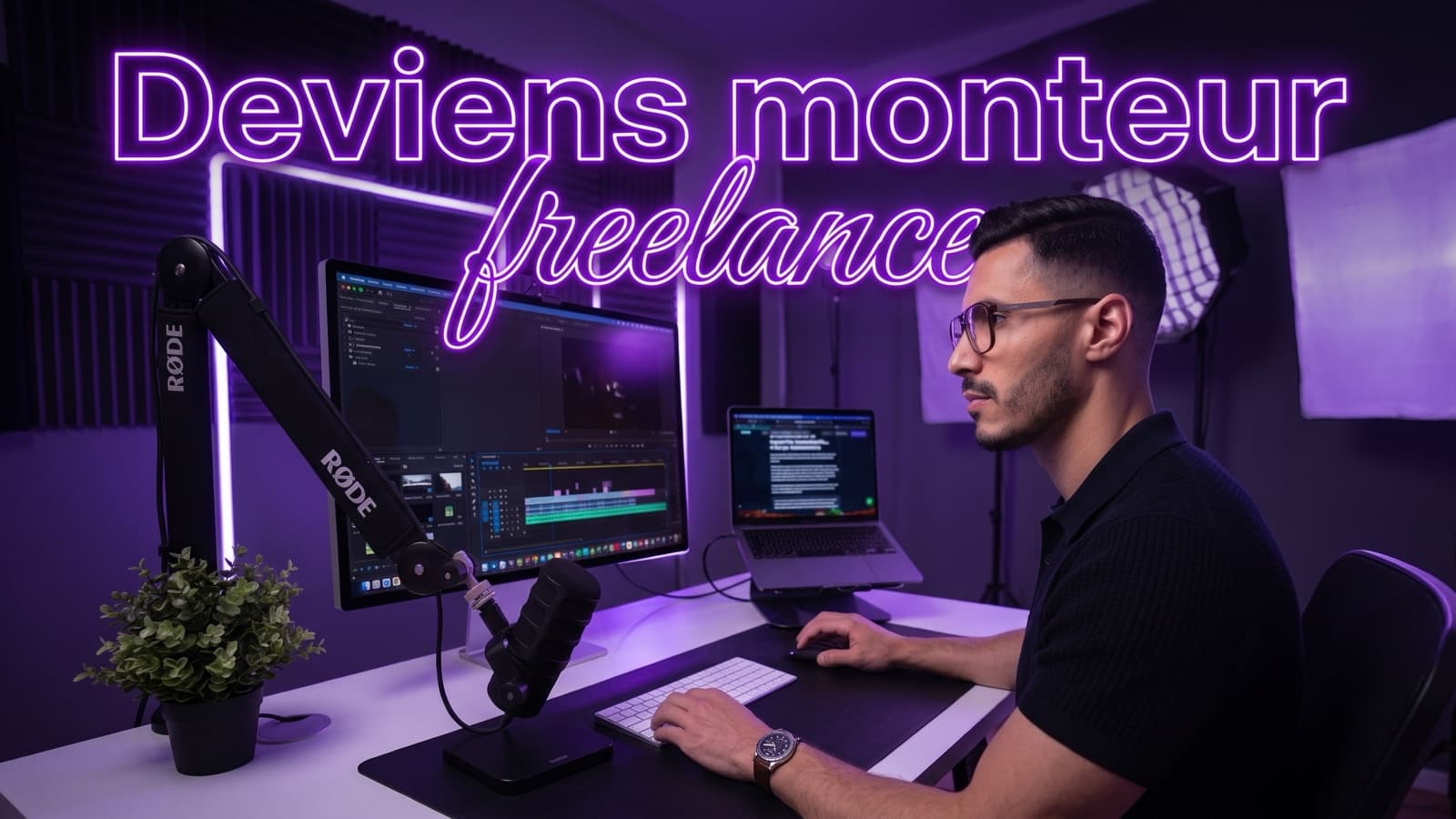 Miniature YouTube « Deviens monteur freelance » : Anis Dhouiri à son poste de montage Adobe Premiere Pro