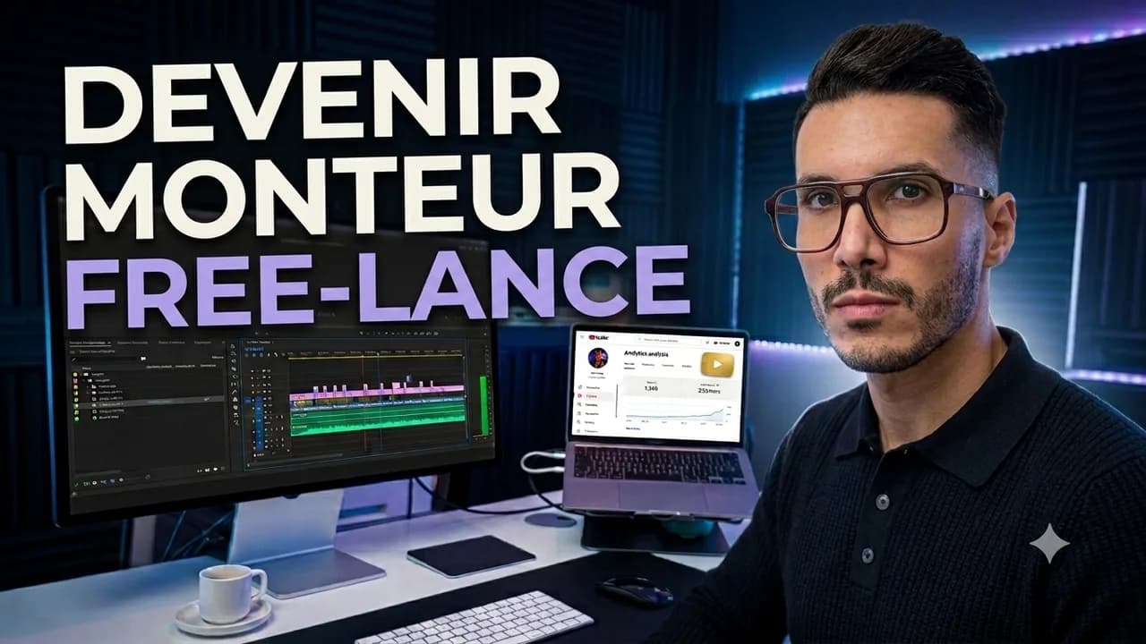 Miniature de vidéo « Devenir monteur free-lance » montrant un poste de montage Adobe Premiere Pro