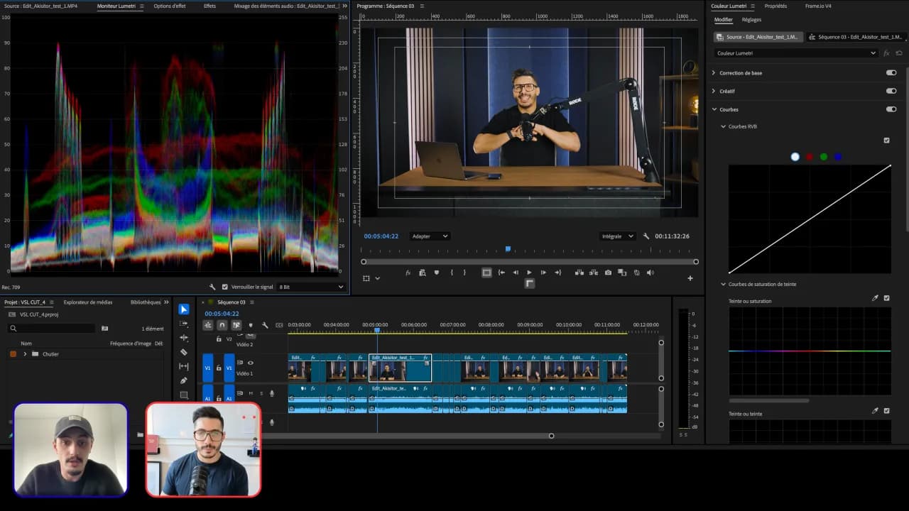 Session individuelle en visioconférence : interface Adobe Premiere Pro partagée entre un formateur et un stagiaire